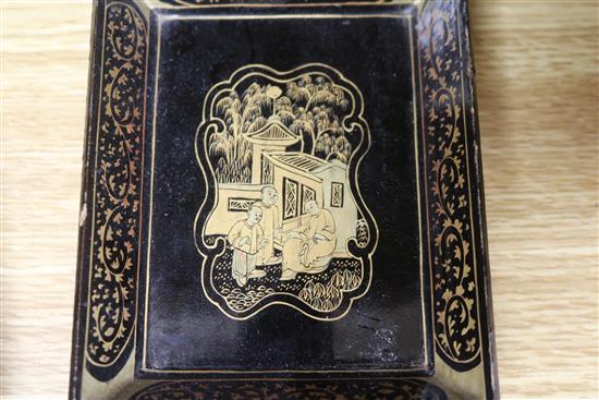 Four Chinese export laquer boxes and two pin trays